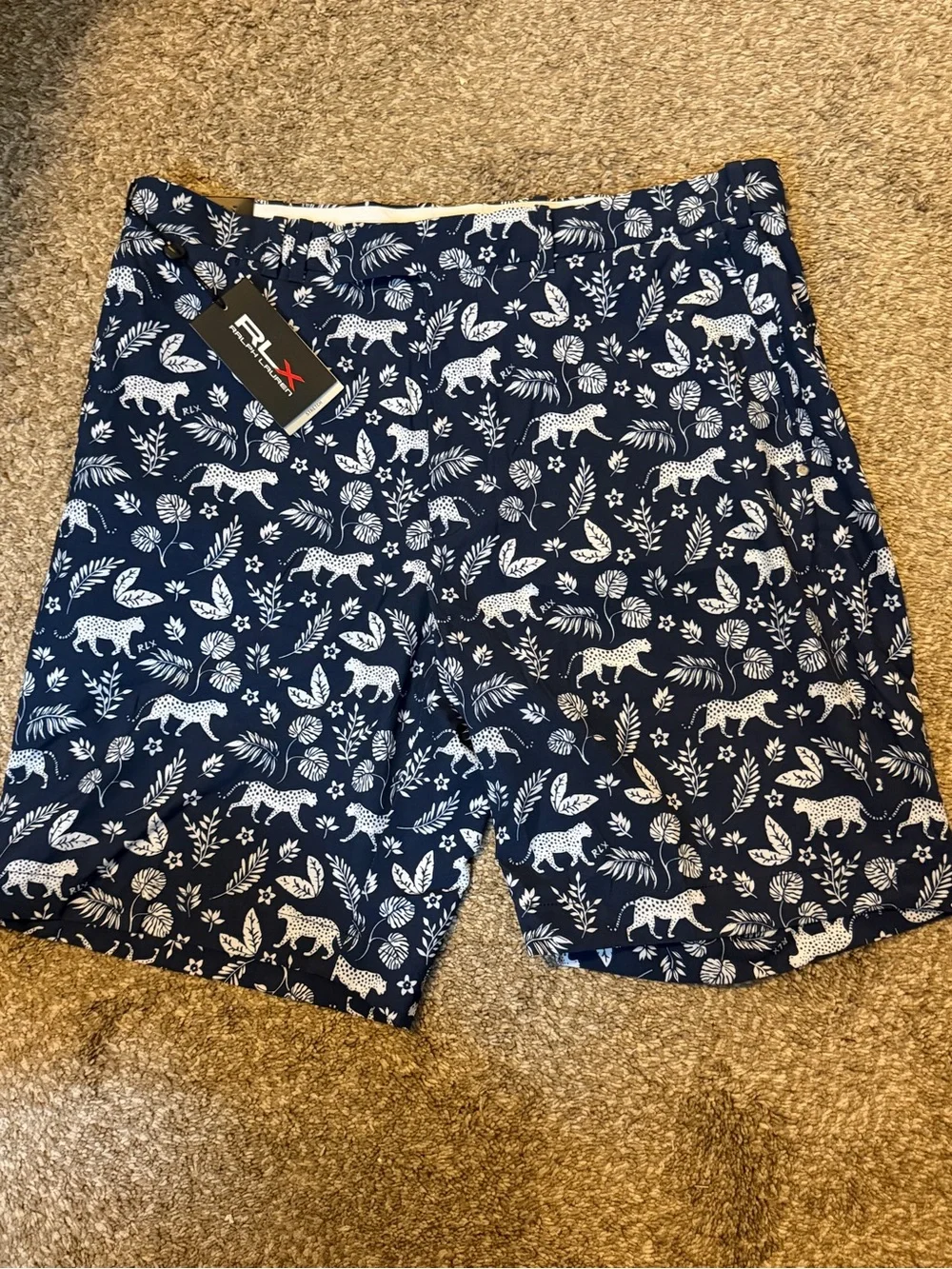 RLX Ralph Lauren Navy Blue & White Printed Flat Front Shorts